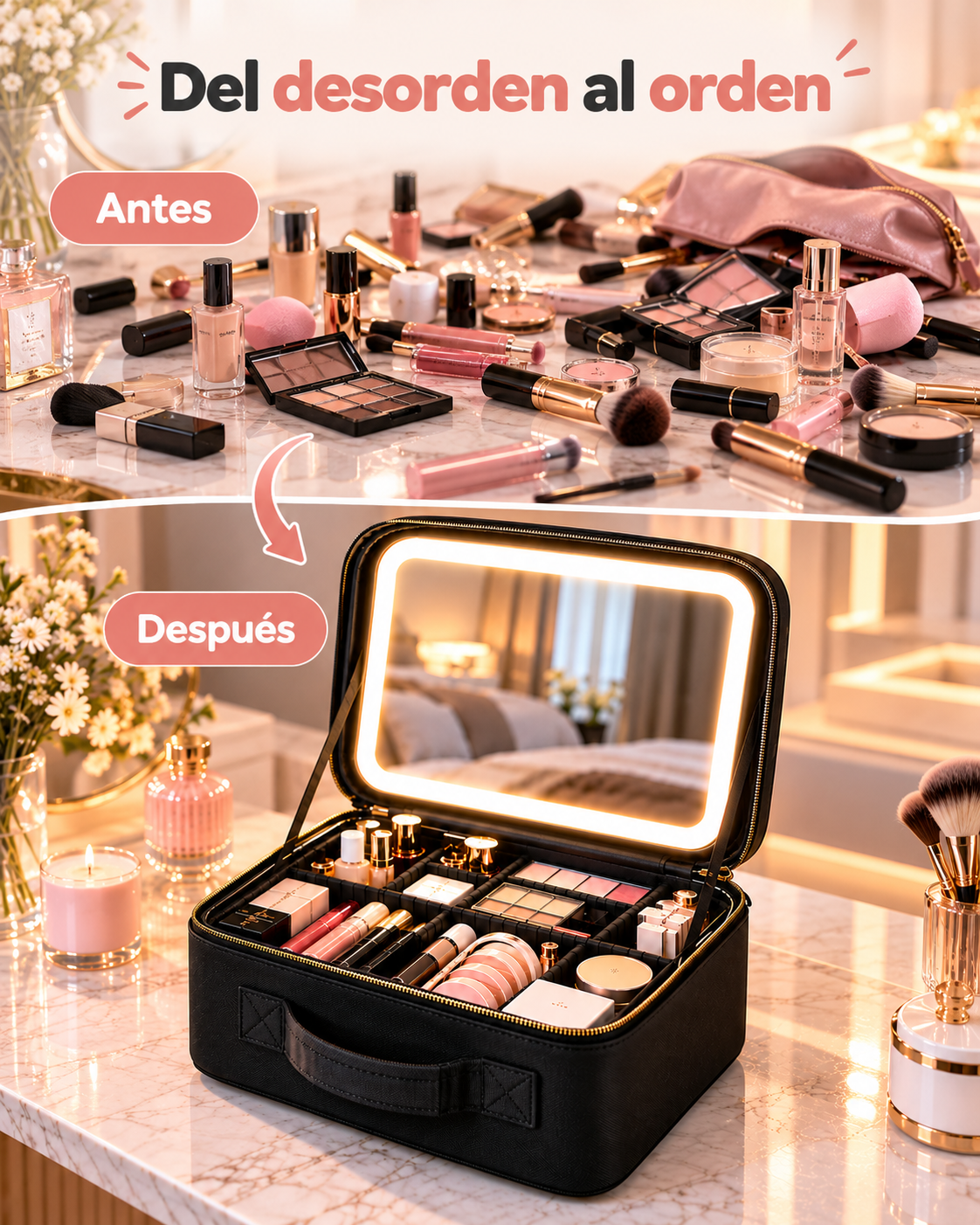 Maletín de maquillaje con espejo LED