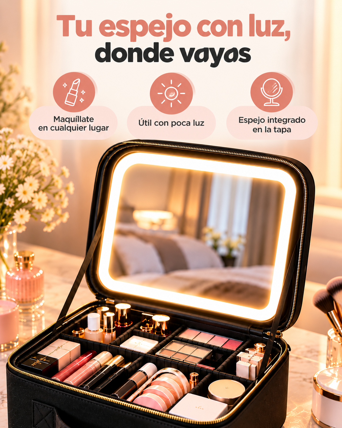 Maletín de maquillaje con espejo LED