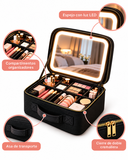 Maletín de maquillaje con espejo LED